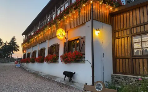 Urokliwe schronisko Orzeł z czerwonymi pelargoniami i girlandą światełek. Czarny piesek spaceruje przed budynkiem.