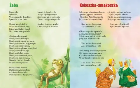 Żaba w wierszu "len brzechwa wiersz" leży w hamaku, a obok niej wiersz o kurach.