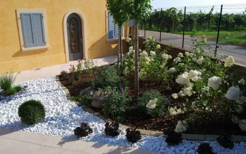 Ingresso esterno di una villetta con ghiaia bianca, piante fiorite e un vialetto. Belle idee per l'esterno della casa.
