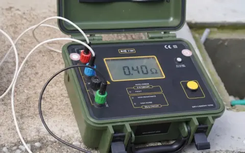 Przyrząd do pomiaru instalacji odgromowej pokazuje 0.40 Ω.