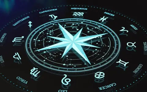 Koło zodiaku z gwiazdą na środku. Znaki zodiaku i konstelacje tworzą mistyczną całość, sugerując numerologiczną 5 i podróż przez wszechświat.