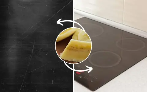 Przed i po: zarysowana płyta indukcyjna kontra lśniąca, z bananem w tle.