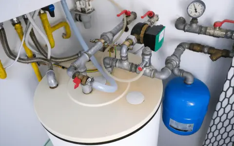 Le chauffe-eau qui explose par le haut, avec ses tuyaux et sa pompe, semble prêt à déborder.
