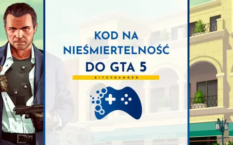 Postać z GTA V z pistoletem i napis "KOD NA NIEŚMIERTELNOŚĆ DO GTA 5".