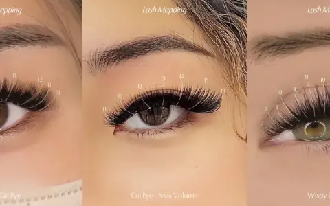 Trzy zbliżenia na oko z doczepianymi rzęsami. Pokazane różne układy rzęs, w tym efekt "kocie oko" i "wispy cat eye", z zaznaczonymi długościami.