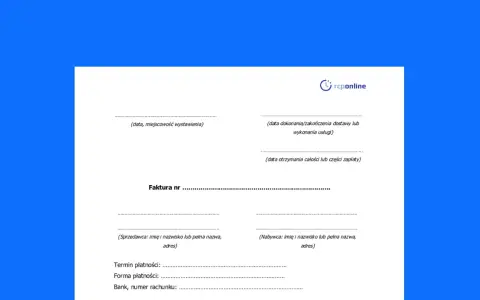 Formularz faktury z polami do wpisania danych do faktury: daty, numeru faktury, sprzedawcy, nabywcy, terminu i formy płatności.