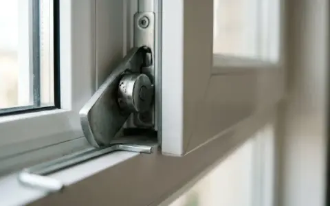 Detalle del mecanismo cierre ventana abatible, con palanca metálica y pivote.