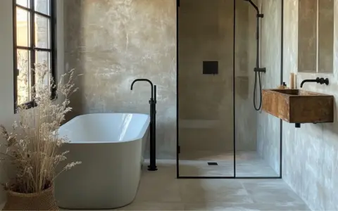 Bagno moderno con vasca freestanding, lavabo in legno e **doccia passante** in cristallo. Pareti effetto resina e dettagli neri.