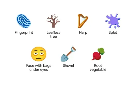 Sechs neue WhatsApp Emojis: Fingerabdruck, kahler Baum, Harfe, Farbklecks, müdes Gesicht, Schaufel, Wurzelgemüse.
