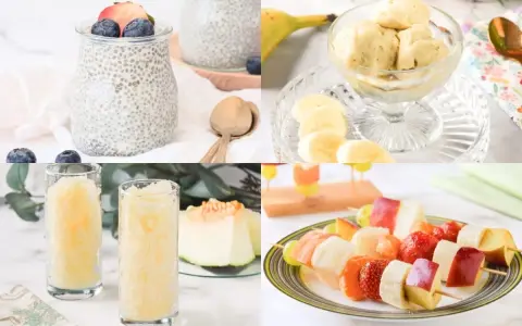 Postres saludables recetas: pudín de chía, helado de plátano, granizado de melón y brochetas de frutas.