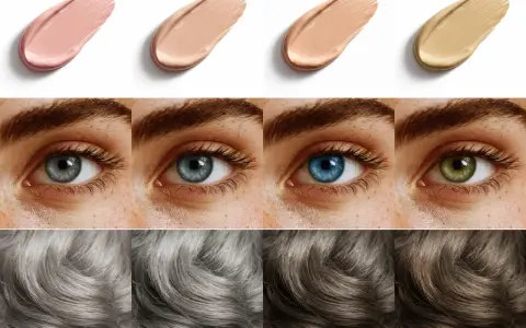 Vier Swatches von Make-up, vier Augen in verschiedenen Farben und vier Haartexturen, die die Vielfalt der sommertyp farben zeigen.