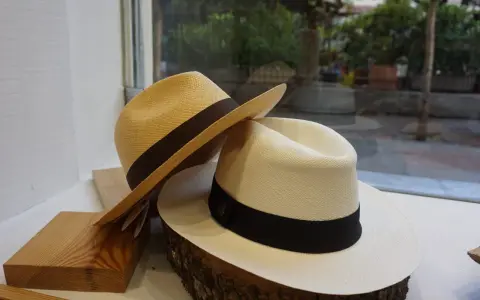 Dos sombreros panameños, uno beige y otro blanco, con cintas oscuras, exhibidos sobre madera y tronco.