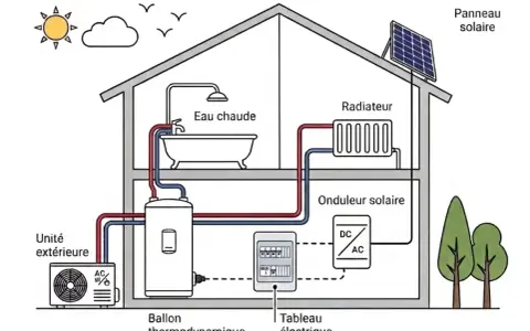 Schéma d'une maison avec un ballon thermodynamique, un panneau solaire, un radiateur et une unité extérieure.