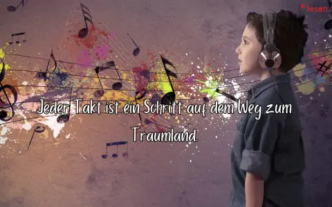 Junge mit Kopfhörern hört Musik, Noten und Farbkleckse. Ein inspirierendes Zitat über Musik, das zum Nachdenken anregt: "Jeder Takt ist ein Schritt auf dem Weg zum Traumland.