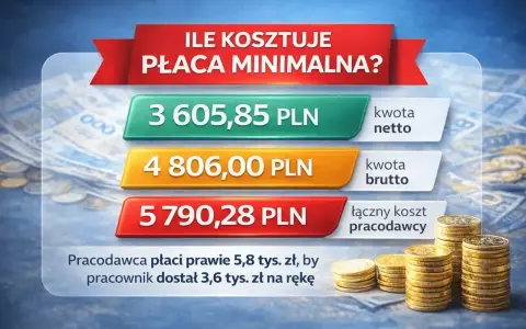 Ile kosztuje płaca minimalna? Pracownik dostaje 3605,85 zł netto, a pracodawca płaci 5790,28 zł.