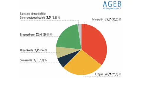 Kreisdiagramm zeigt Energiequellen in Deutschland. Mineralöl dominiert, gefolgt von Erdgas und Erneuerbaren. Der Energieverbrauch pro Kopf Deutschland wird hier visualisiert.