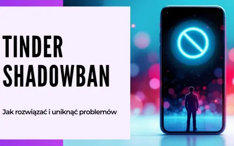 Człowiek stoi przed telefonem, na którym widnieje znak zakazu. Tekst "Tinder Shadowban" sugeruje, że wiadomości nie dochodzą.