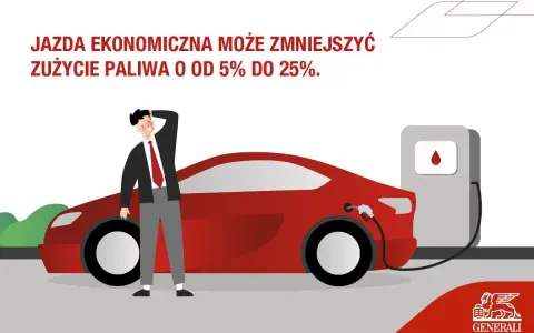 Mężczyzna przy czerwonym samochodzie na stacji paliw. Ekonomiczna jazda samochodem to oszczędność paliwa. Logo Generali.