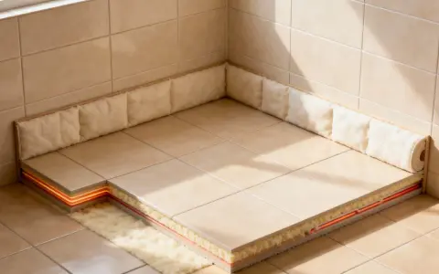 Coupe d'un sol carrelé montrant le système de chauffage et l'isolation sous carrelage, avec des matériaux isolants moelleux sur les côtés.