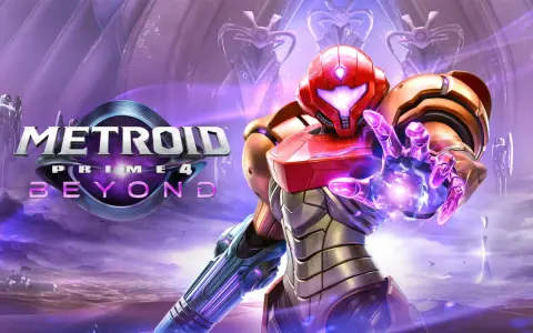 Samus Aran en su icónico traje de poder, lista para la acción en Metroid 4: Beyond. El planeta alienígena se extiende bajo un cielo púrpura.