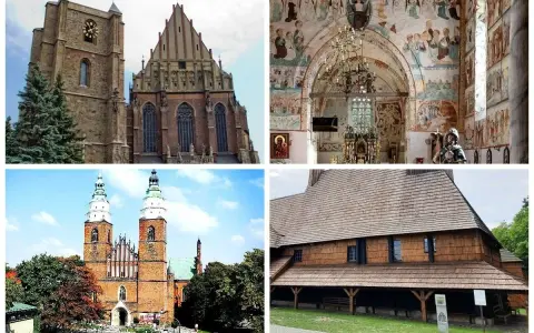 Różnorodne kościoły w Polsce: gotycka katedra, wnętrze z freskami, ceglana bazylika i drewniana świątynia.