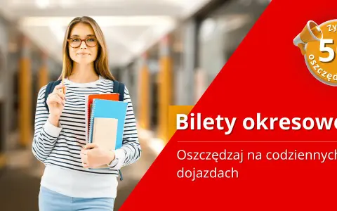 Młoda kobieta w okularach trzyma zeszyty i ołówek. Obok napis "Bilety okresowe".