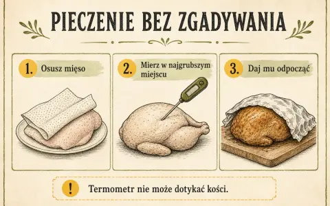 Instrukcja pieczenia kurczaka: osusz mięso, zmierz temperaturę w najgrubszym miejscu, daj mu odpocząć. Termometr nie może dotykać kości.