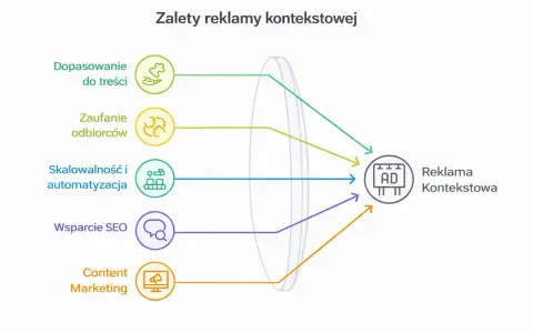 Zalety reklamy kontekstowej: dopasowanie do treści, zaufanie odbiorców, skalowalność, wsparcie SEO i content marketing.