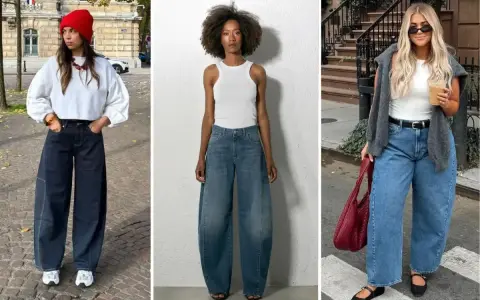 Trois femmes portent des jeans larges, un style décontracté et tendance. La forme de jean femme est mise en avant.