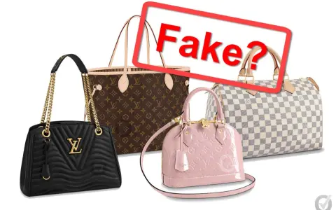 Vier Handtaschen, eine davon mit dem Schriftzug "Fake?". Die Taschen sind in verschiedenen Farben und Mustern gehalten, darunter das klassische LV-Monogramm.