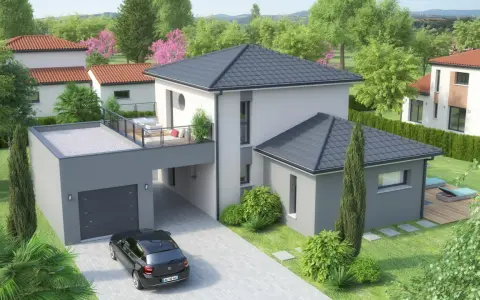 Une maison contemporaine en L avec garage, terrasse sur le toit et jardin verdoyant.