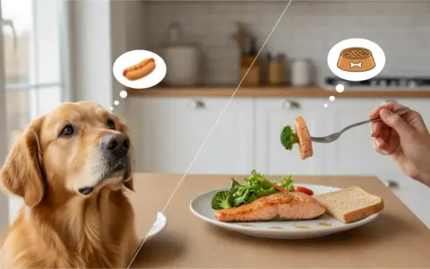 Golden retriever marzy o parówce, ale wie, czego nie może jeść pies – zdrowy łosoś z brokułami czeka na talerzu.