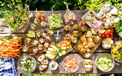 Idée apéro rapide sans cuisson : verrines colorées, crudités, toasts et dips variés sur une table en bois ensoleillée.
