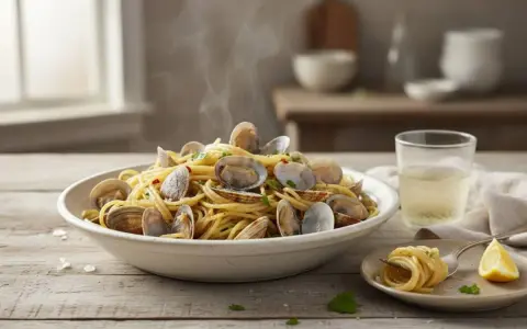 Un piatto fumante di spaghetti alle vongole, un classico della cucina italiana, preparato con ingredienti surgelati per un pasto veloce e gustoso.