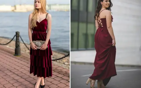 Dwie kobiety w bordowych sukienkach. Pierwsza ma czarne szpilki, druga beżowe sandałki. Jakie buty do bordowej sukienki? Oto inspiracje.