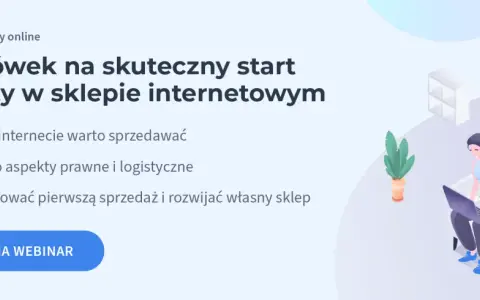 Grafika ilustruje start w sprzedaży e-commerce: kobieta pracuje na laptopie, obok kubek kawy i wieszak z ubraniem. Temat: 7 wskazówek na skuteczny start sprzedaży w sklepie internetowym.