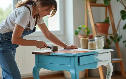 Une femme en salopette bleue redonne vie à une table ancienne, la transformant en un meuble unique.