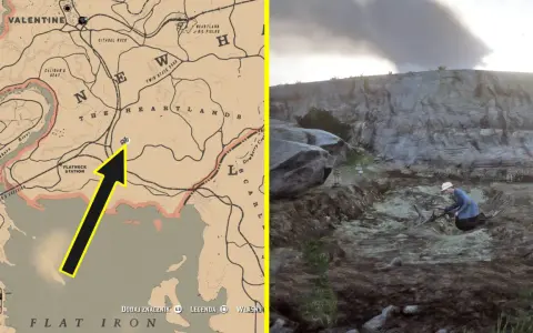 Poszukiwania rdr2 kości dinozaurów w sercu Heartlands. Mapa wskazuje lokalizację, gdzie archeolog kopie w ziemi.