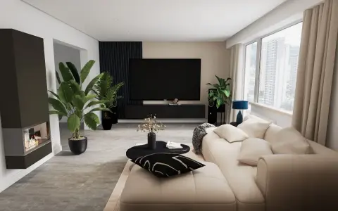 Modernes Wohnzimmer gestalten: Ein beiger Sofa, schwarzer Couchtisch, Kamin und Pflanzen schaffen Gemütlichkeit.