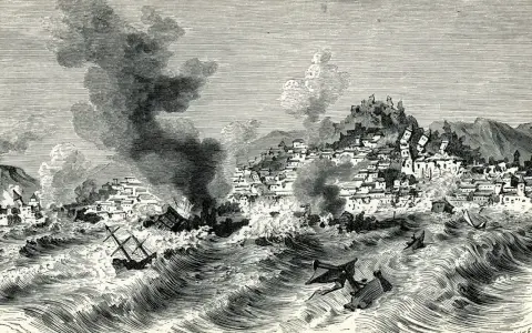 Das Erdbeben in Lissabon 1755: Zerstörung, Brände und ein Tsunami verwüsten die Stadt und die Küste. Schiffe kentern in den Wellen.