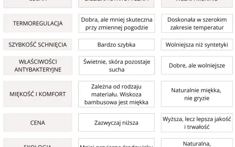 Porównanie bielizny termicznej i termoaktywnej: syntetyczna vs. wełna merino. Tabela cech, komfortu i ceny.