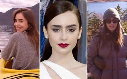 Lily Collins i en gul kajak, nära en sjö med berg. Lily Collins med smink och rött läppstift. Lily Collins i en dunjacka och mössa i naturen.