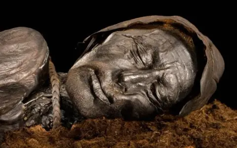Visage d'une momie des tourbières, le corps préservé dans la tourbe, les traits du visage marqués par le temps.