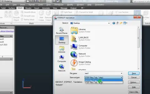 Finestra di dialogo "STEPOUT translation" in AutoCAD, con selezione del tipo di file "IGES Files" per salvare un disegno .cad.