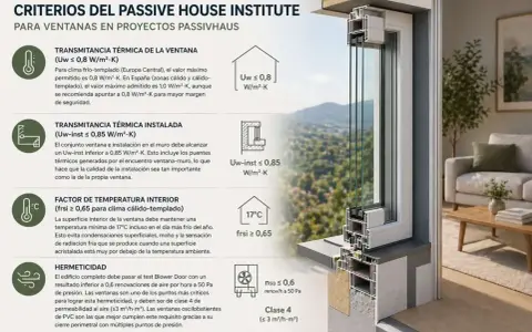 Detalle de ventanas passivhaus con criterios de transmitancia térmica, temperatura interior y hermeticidad.