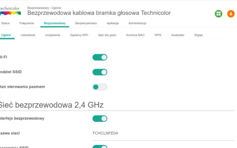 Konfiguracja technicolor routera: włączanie Wi-Fi, podział SSID i zarządzanie pasmem 2,4 GHz.