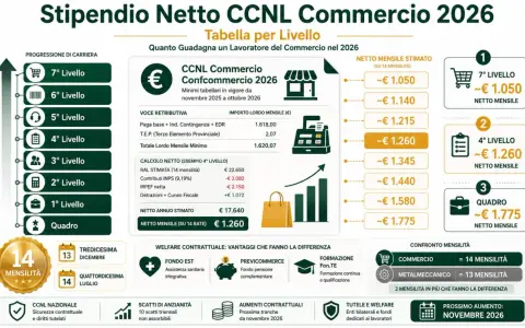Quanto guadagna un magazziniere nel 2026? La tabella mostra stipendi netti mensili per diversi livelli, con il 4° livello a circa €1.260.
