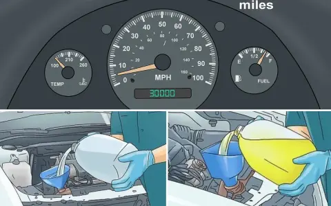 Learn how to flush radiator fluid at 30,000 miles. The image shows a car dashboard and someone adding fluid to the engine.