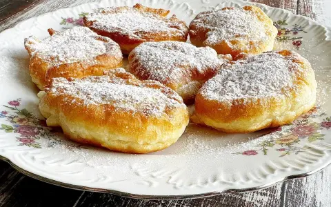 Puszyste racuchy z jabłkami na jogurcie, posypane cukrem pudrem, kuszą swoim wyglądem.