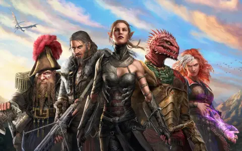 Cinco héroes de Divinity Original Sin 2, un enano pirata, un guerrero barbudo, una elfa, un lagarto y una pelirroja hechicera, posan ante un cielo nublado.